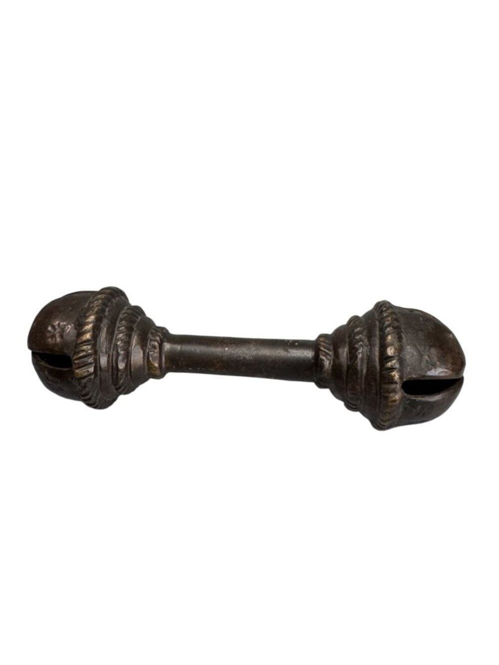 Antique Brass Baby Rattle Double Bell Primitive Nursery Decor 6 Inch 13 Oz - Picture 5 of 10